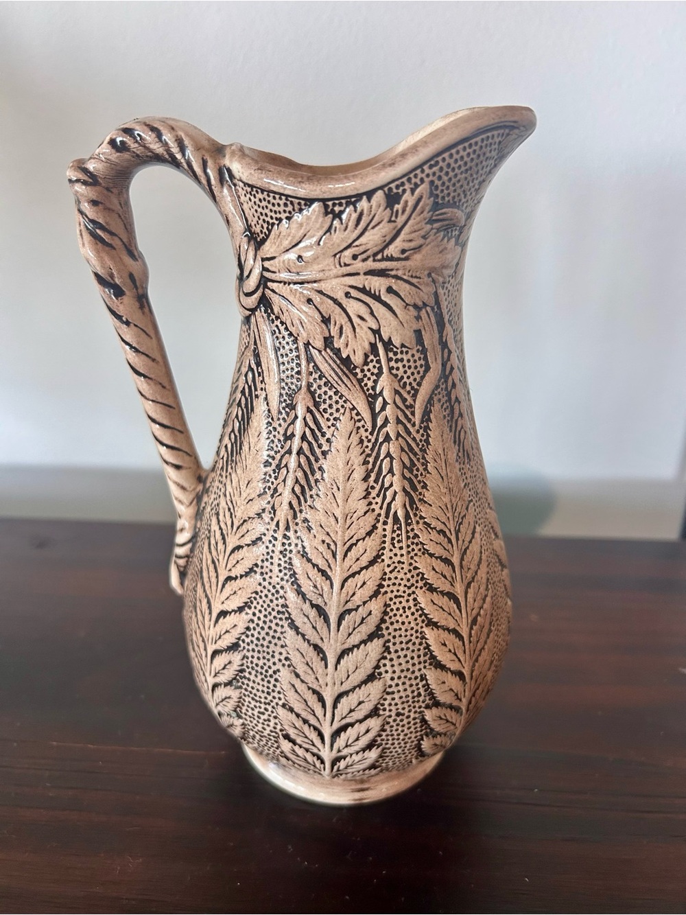 Vintage Victorian Style Embossed Wheat Fern Ceramic Pitcher / Jug